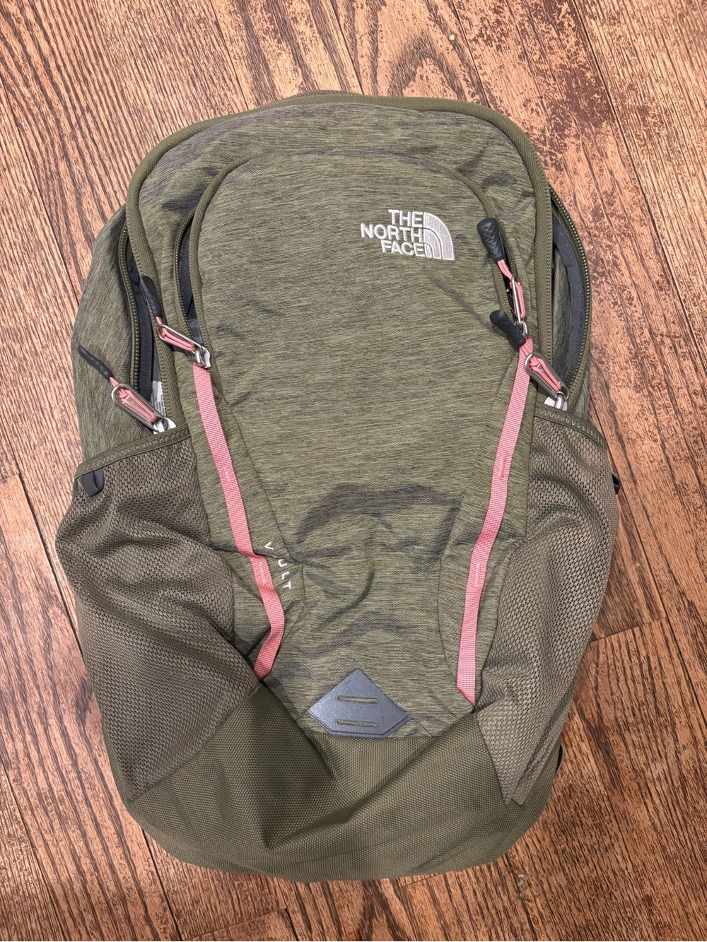 The North Face Olive Green Backpack with Pink Accents